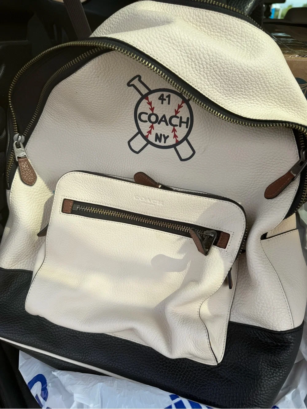 Coach White and Black Leather Backpack with Baseball Graphic